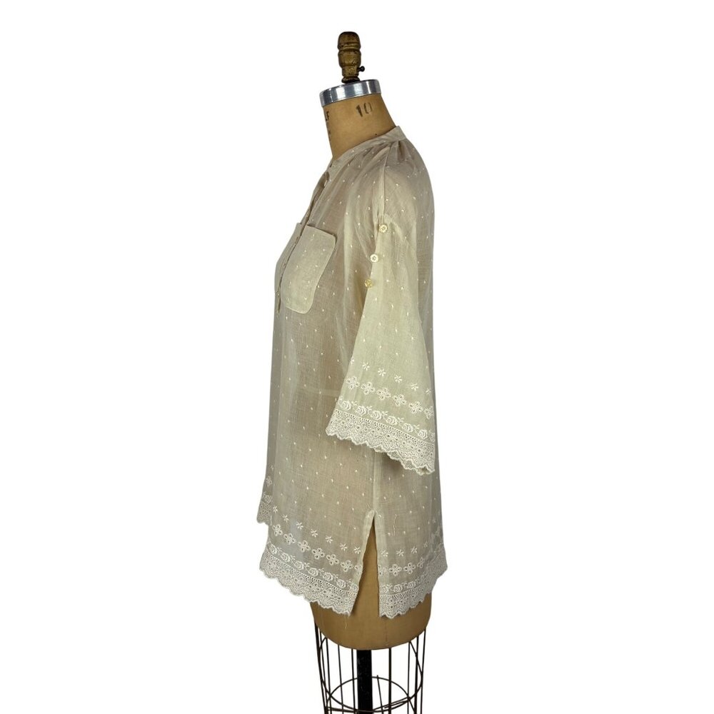 Vintage 70s Sheer Shirt Womens Large Beige Dotted Embroidered Mandarin Tunic - Picture 6 of 11